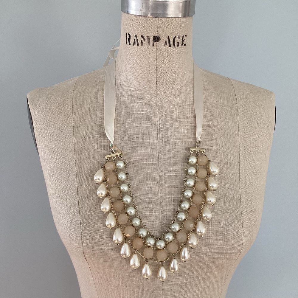 Cream Multi-Strand Pearl Necklace with Ribbon Tie